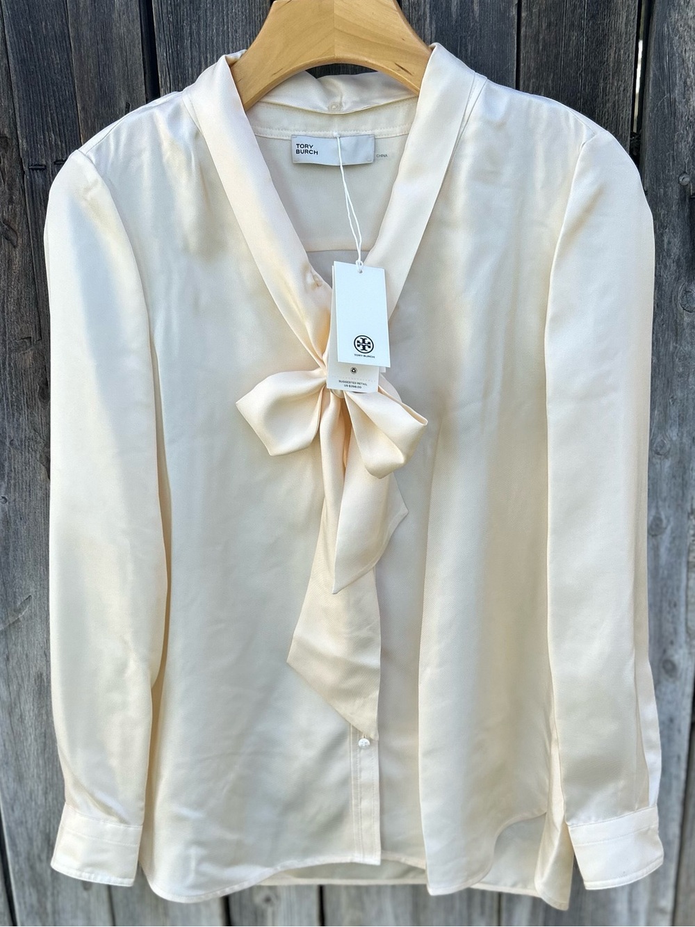 NWT Tory Burch Silk Bow Blouse French Cream 2